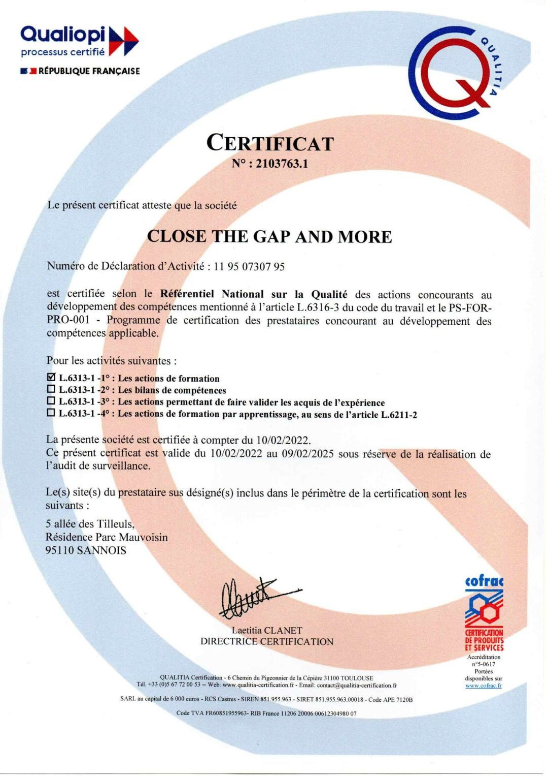 Certification QUALIOPI de la société CLOSE THE GAP AND MORE